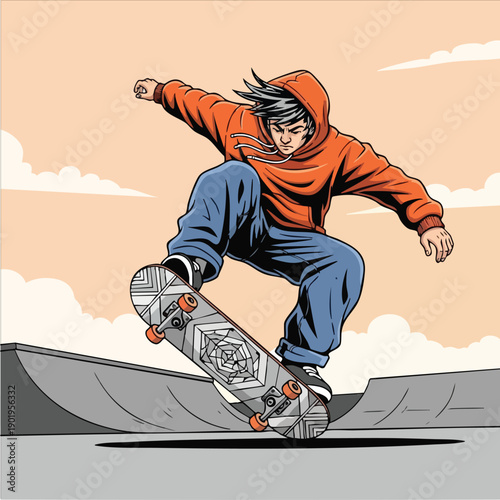 Dynamic Skateboarder Performing Trick in MidAir.