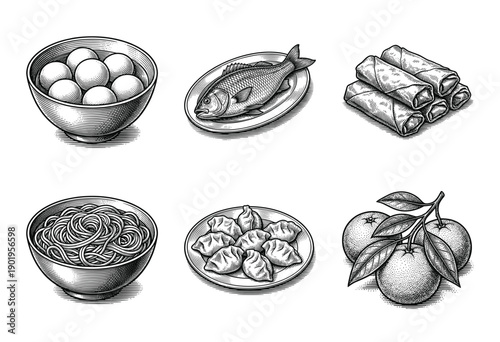 Set of traditional Chinese New Year food icons including noodles, dumplings, fish, spring rolls, and tangerines in a vintage woodcut engraving style.