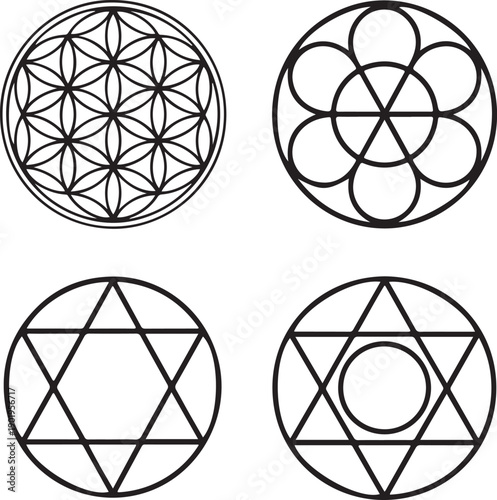 Black and white geometric shapes of sacred geometry circles triangles lines