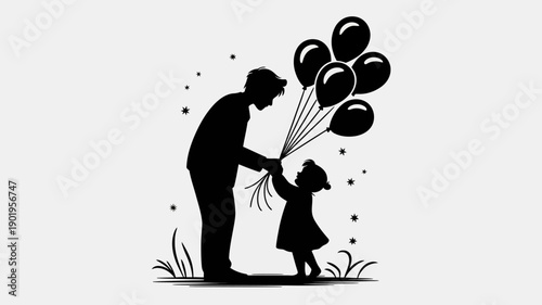 Gift of Joy: Silhouette of a father presenting a bouquet of balloons to a child, illustrating the bond between a parent and child.