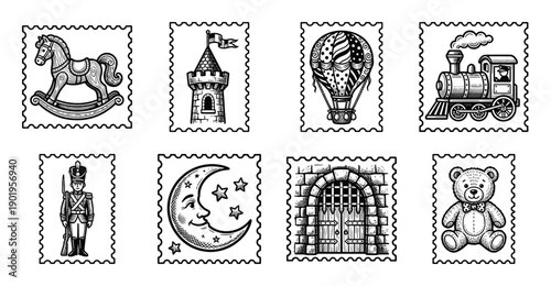 Vintage Hand Drawn Toy and Fairy Tale Postage Stamp Collection for Nostalgic Childrens Illustration