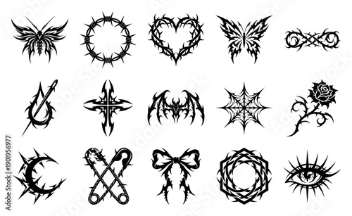 Cyber Sigilism Dark Aesthetic Graphic Set for Y2K Grunge and Neo-Tribal Apparel Design