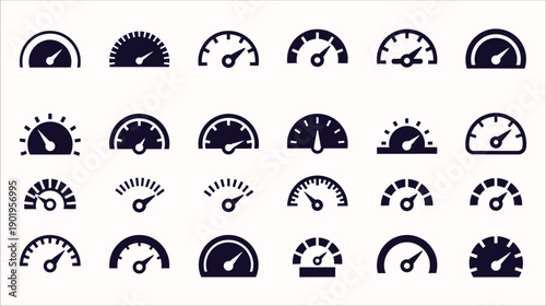 Set of minimalist dark blue gauge and dial icons in various semi-circular styles for dashboard and data monitoring interfaces.