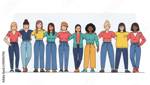 Diverse group of women standing together in casual clothing united and supportive symbolizing friendship and solidarity