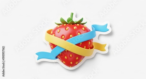A vibrant strawberry sticker with blue and yellow ribbons on white background