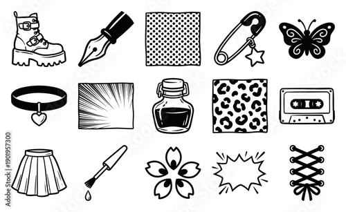 Manga Aesthetic Punk and Coquette Element Kit for Alt Fashion Graphic Design and Digital Scrapbooking