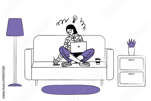 Young girl with laptop sits on sofa and works in her room. Work from home. Doodle liinear, vector illustration.