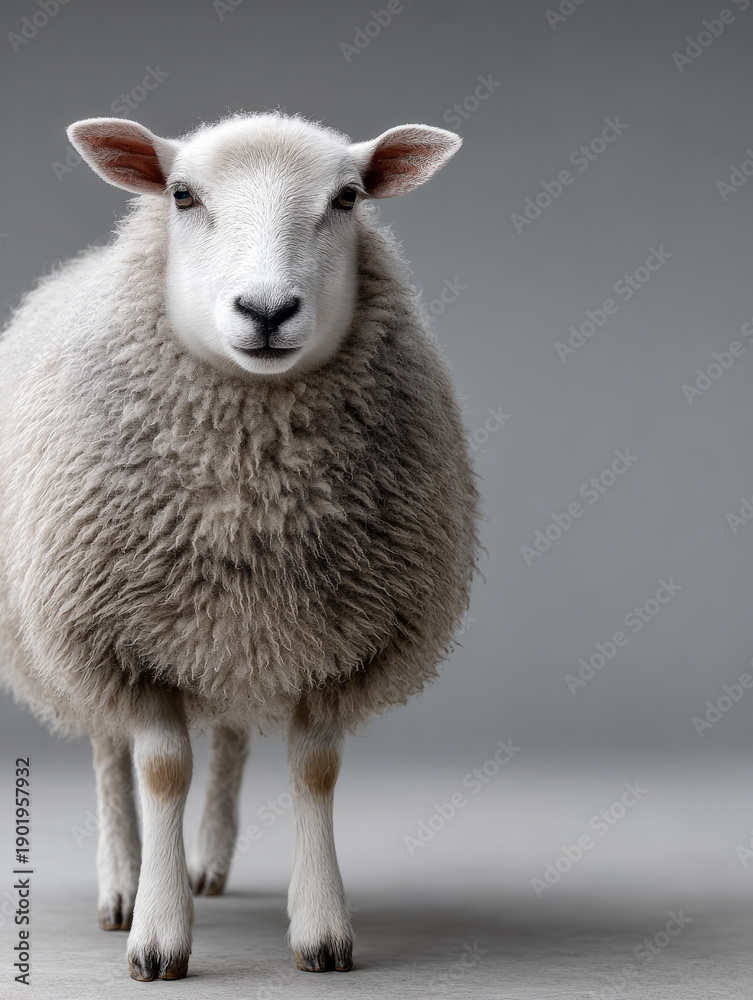 Fototapeta premium Adorable fluffy sheep standing in studio with gray backdrop