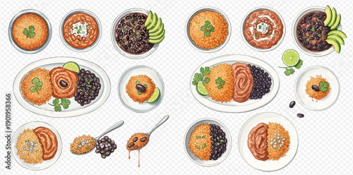 Set of illustrations of traditional Cuban food dishes, including black beans, rice, plantains, and various preparations.