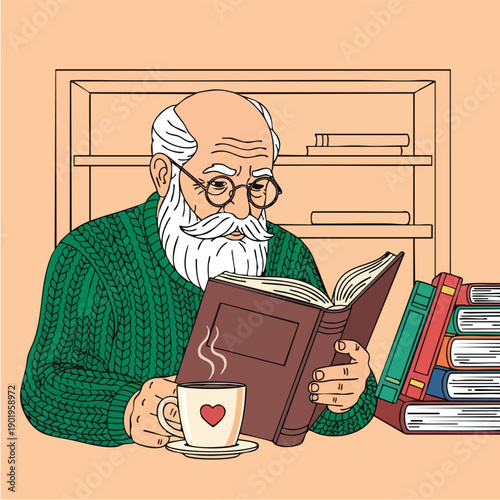 Elderly Man Reading Book with Coffee.