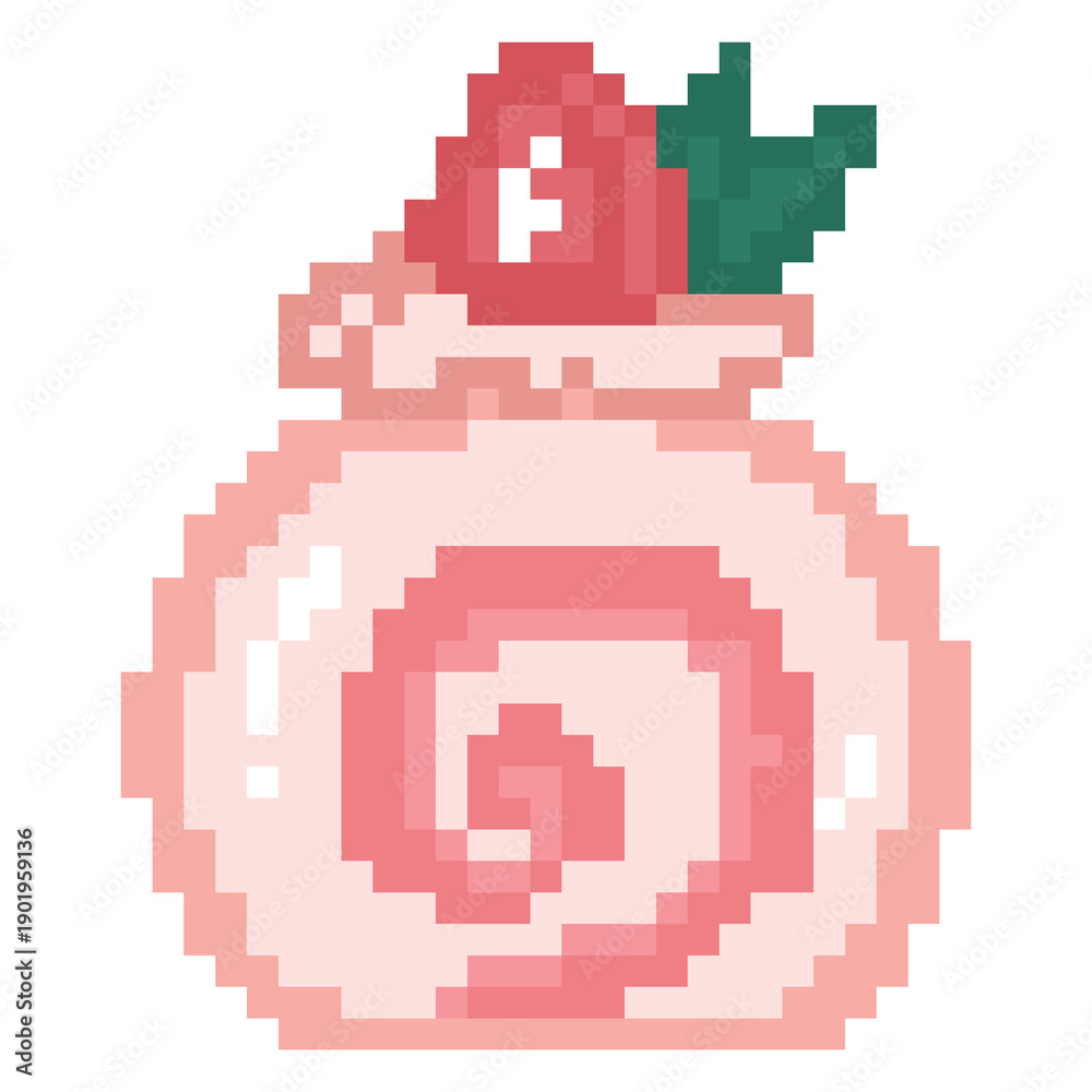 Fototapeta premium Pink strawberry swiss roll cake pixel art icon dessert sweet food