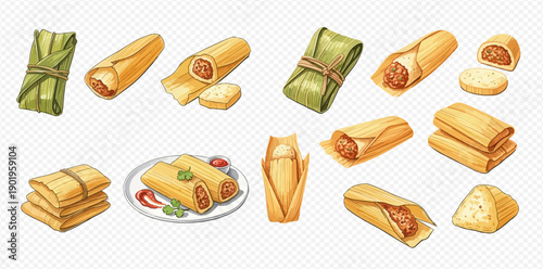Set of delicious tamales, traditional Mexican and Latin American cuisine, various styles and preparations.