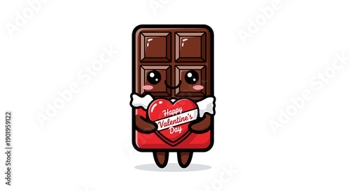Chocolate bar character holding heart love symbol cartoon style.