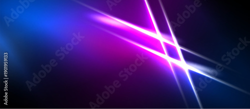 Abstract background features vibrant blue, purple, pink streaks. Bright lines intersect creating dynamic visual effect. Dark areas provide contrast.
