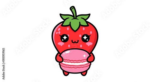 Cute strawberry holding macaroon sweet character.
