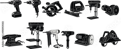 Power tools silhouette collection including drills saws and sanders, industrial workshop equipment set, black and white vector illustration
