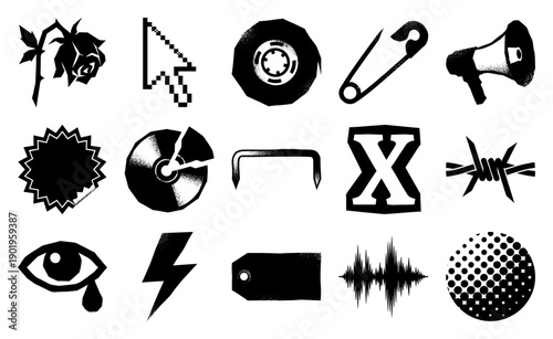 Grungy Distorted Punk Aesthetics Graphic Element Kit for Y2K Streetwear and Counterculture Zine Design
