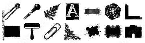 Vintage Stippled Engraving Office and Botanical Asset Sheet for Mixed Media Scrapbooking