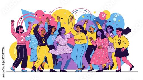Diverse group of women celebrating and dancing together with colorful abstract shapes and symbols in the background