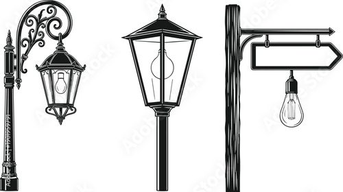 Vintage street lamp and signpost illustration set, classic outdoor lighting elements, black and white hand drawn vector design
