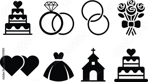 Wedding and marriage icon set in black and white, elegant vector silhouettes including cake, rings, church, dress, and flowers for romantic celebrations.