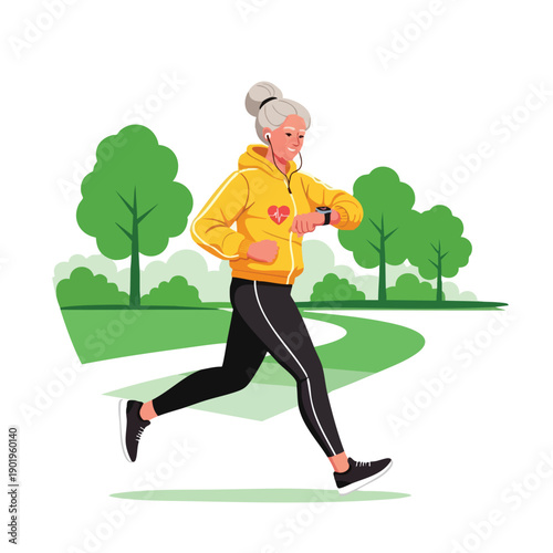 Elderly woman jogging in park checking smartwatch staying active and healthy.
