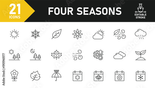 Four Seasons line icon set. Set of 21 outline icons related to summer, winter, autumn, spring and others. Editable stroke. Vector illustration.