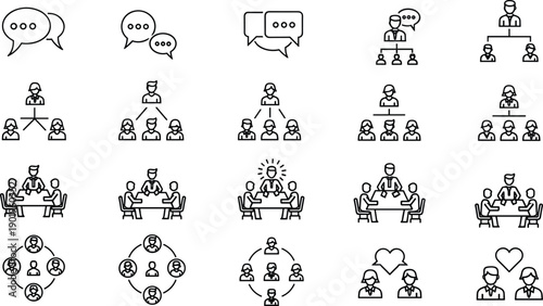 Business communication icon set, teamwork discussion symbols, leadership meeting concepts, organizational hierarchy, collaboration network, flat vector illustration, design, ui, collection