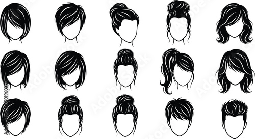 Women hairstyle silhouettes collection featuring short, medium and updo hair styles, beauty and fashion illustration set isolated on white background