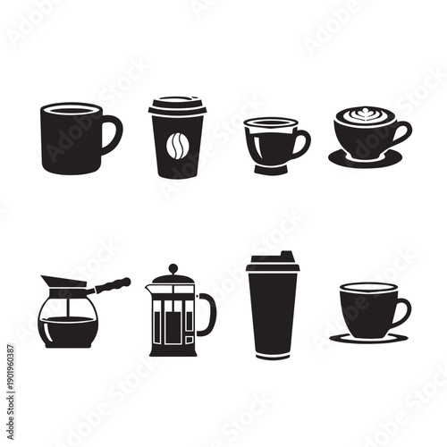 Coffee Drinkware Icons Collection: Mugs, Cups, French Press, Pour Over, Takeaway Cups