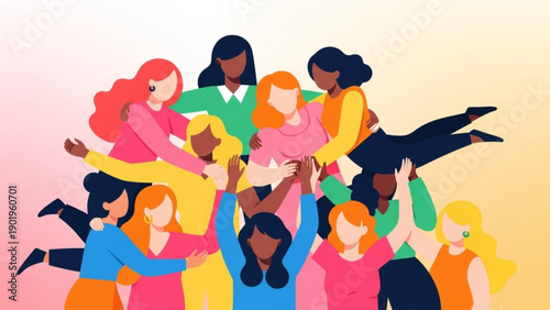 Diverse group of women stacking on top of each other in a supportive circle with colorful clothing and hairstyles on a gradient background
