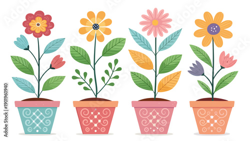 Colorful potted flowers in decorative pots for spring decor