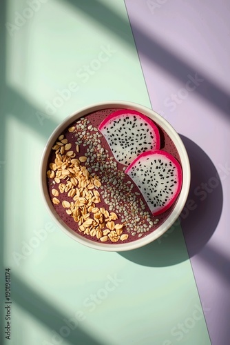 Vertical food art with acai bowl and dragon fruit slices, morning breakfast concept on split pastel mint and purple background, creative culinary illustration with hard shadows