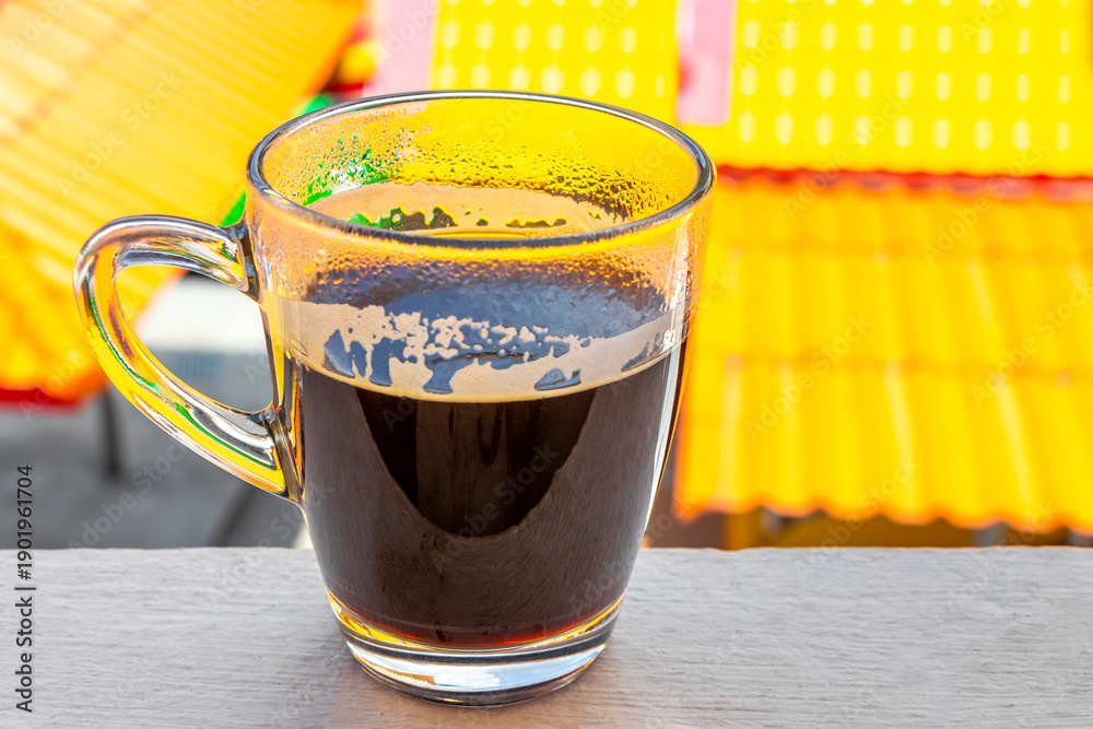 Fototapeta premium Black coffee tropical landscape terrace balcony temple panorama view Thailand.