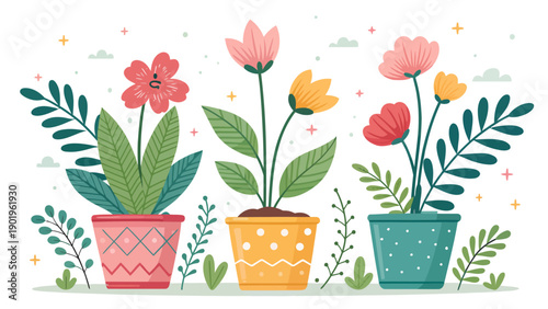Colorful potted flowers illustration for spring decor