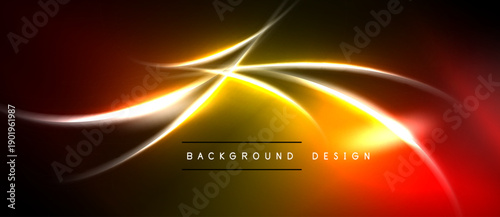 Abstract background features vibrant orange, yellow light streaks. Dynamic curves create modern visual effect. Dark space surrounds bright center.