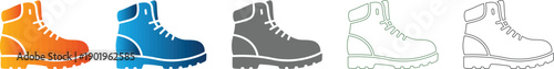 Hiking boot icon set, flat design, adventure footwear vector illustration