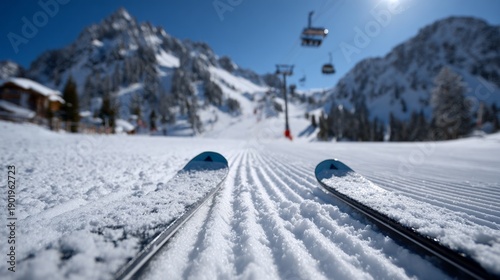 Sunny day at snowy ski resort with chairlift and mountain peak