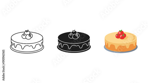 Three cakes with different flavors and decorations Vector
