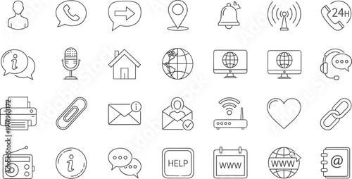Customer communication icon set, support contact symbols, chat phone email web, service interface, help center, flat vector illustration