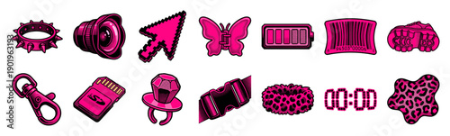 Retro Y2K Aesthetic Pink Halftone Element Kit for Cyberpunk Digital Art and Pop Culture Design