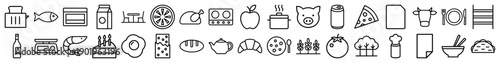 Food and kitchen line icon set. Vector pictograms of toaster, fish, milk, chicken, stove, fruit, pizza, bread, cake, egg, tomato, and wheat, thin outline illustration.