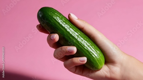 Hand holding fresh cucumber against pink background