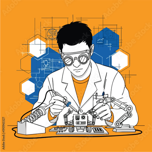 Engineer soldering circuit board with robotic arm in a laboratory setting.