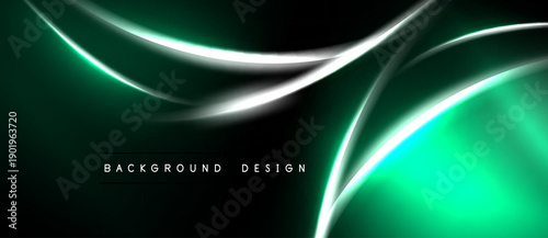 Dark background features flowing neon lines. Green glow contrasts with silver curves, creating modern design element. Simple text reads background design.