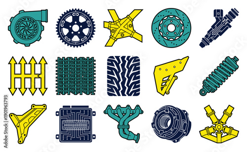 Flat Vector High-Performance Automotive Components Graphic Set for Professional Motorsport Tuning and Engineering Designs