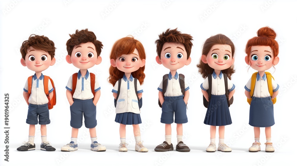 Obraz premium Diverse cartoon children standing in school uniforms and backpacks, ready for education