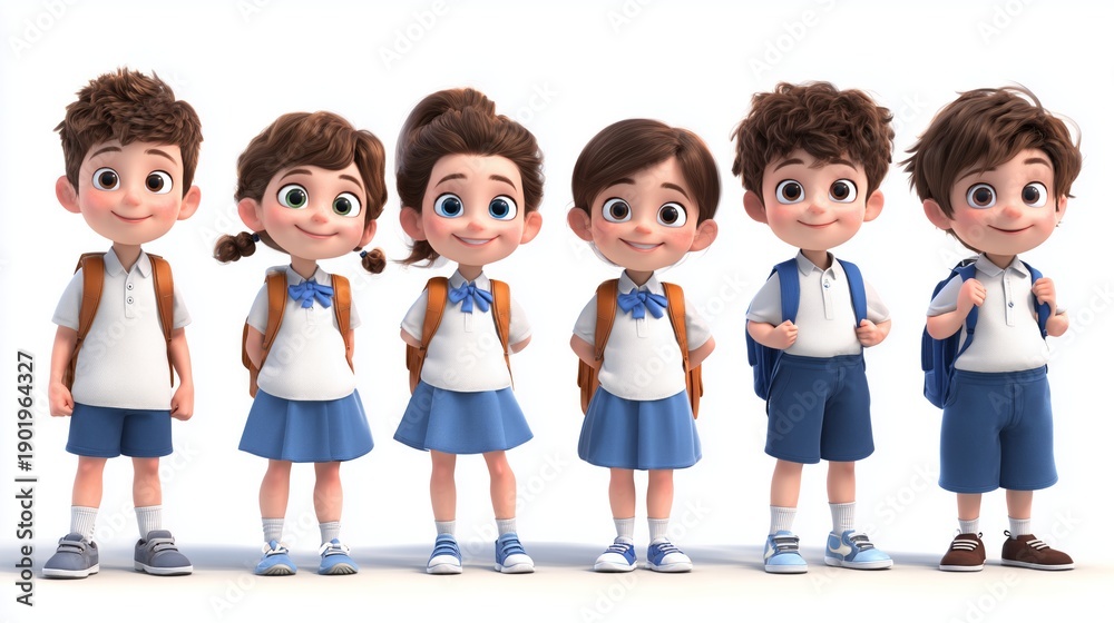 Fototapeta premium Cute 3d cartoon young children standing together with backpacks, ready for school