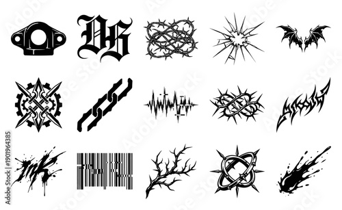 Cyber Y2K Grunge Chrome Gothic Element Asset Sheet for Edgy Streetwear and Graphic Design