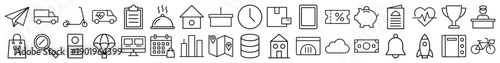 Multipurpose business and logistics line icon set. Vector pictograms of delivery truck, cloche, piggy bank, clock, map, calendar, rocket, trophy, thin outline illustration.